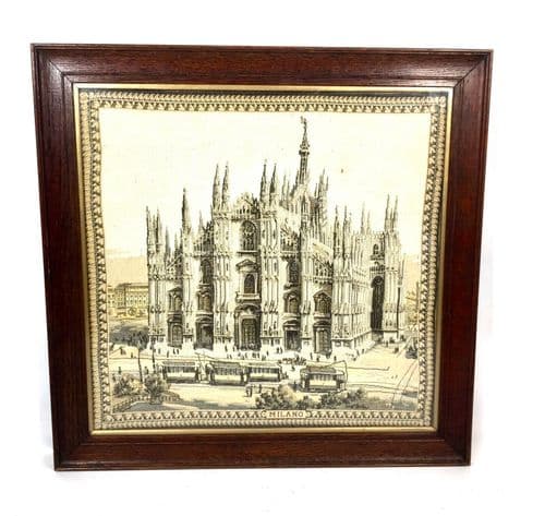 Antique Tapestry / Silk Picture of Duomo di Milano / Milan Cathedral Oak Framed